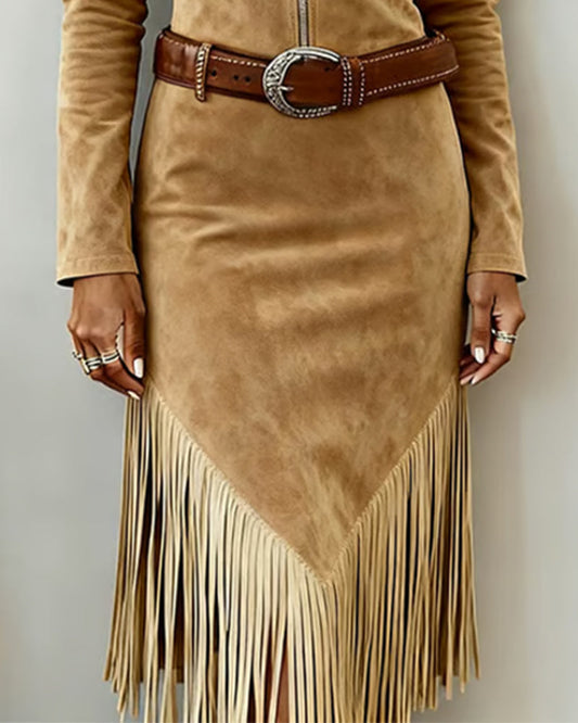 Tassel Detail Solid Color Half-Zip Dress