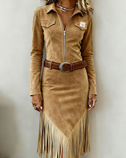 Tassel Detail Solid Color Half-Zip Dress