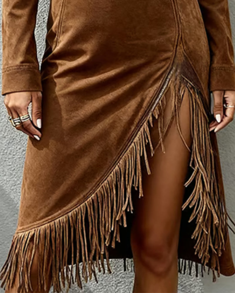 Half-Zip Dress with Irregular Tassel Details