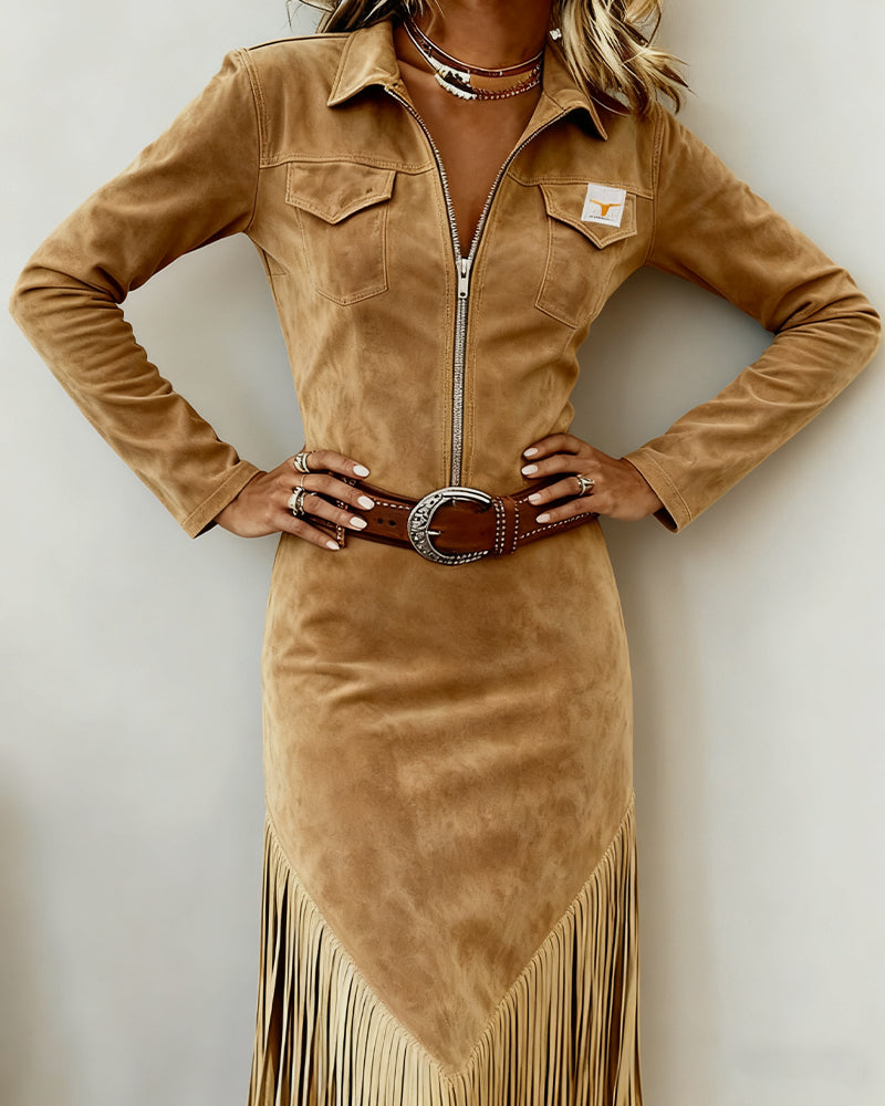 Tassel Detail Solid Color Half-Zip Dress