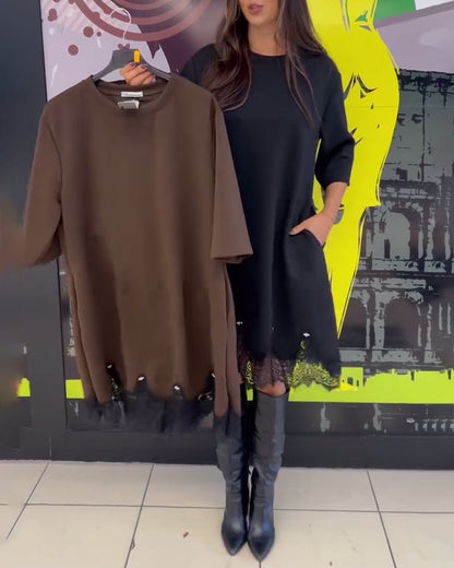 Chic Round Neck Dress with Elegant Lace Accents