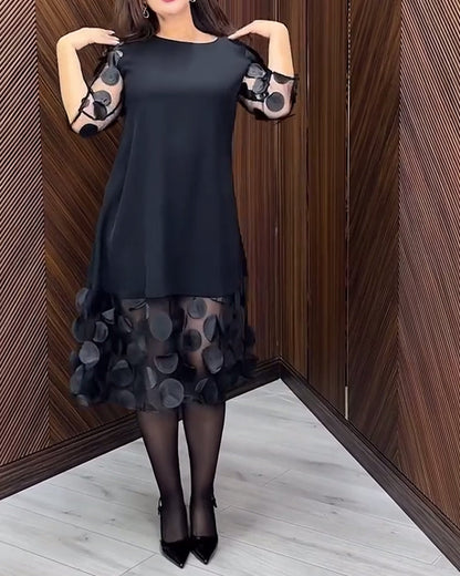 Trendy Round Neck Dress with Mesh Stitching