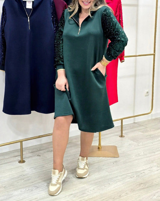 Sequin Patchwork Dress with Hood and Zipper