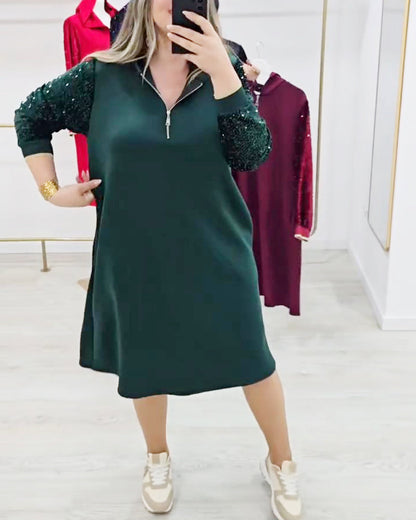 Sequin Patchwork Dress with Hood and Zipper