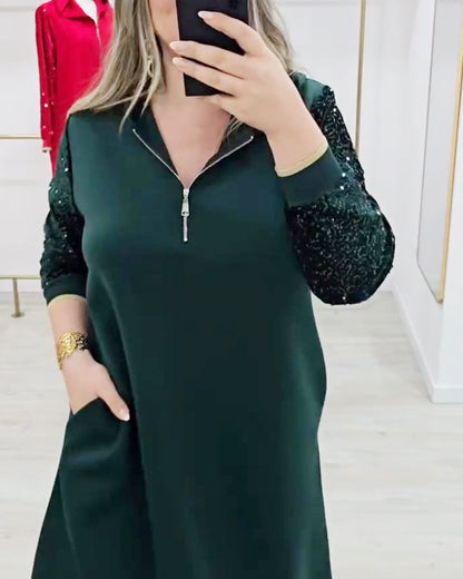 Sequin Patchwork Dress with Hood and Zipper