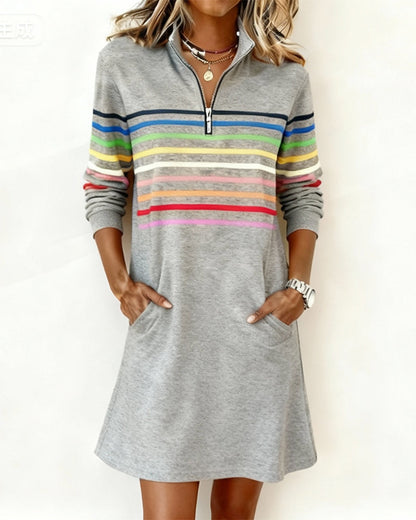 Rainbow Striped Dress with Half-Zip Detail