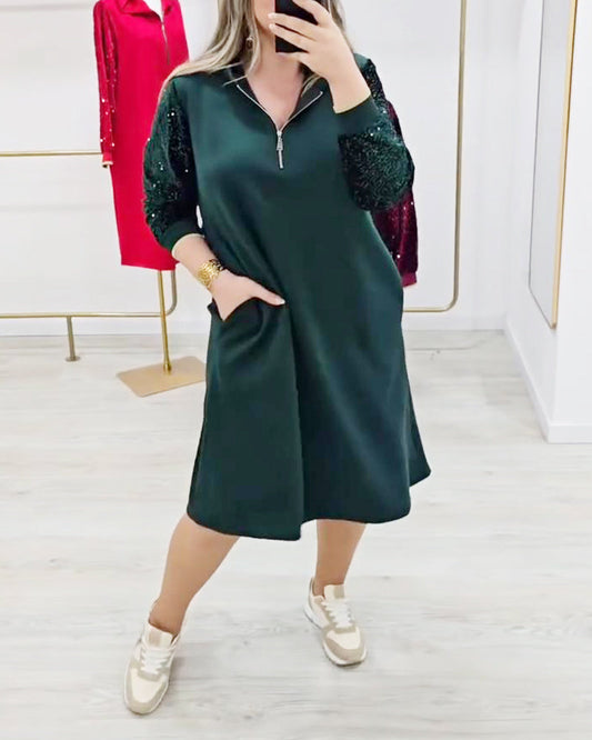 Sequin Patchwork Dress with Hood and Zipper